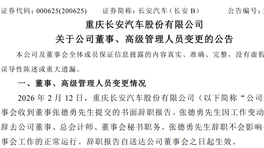 Changan Executive Changes: Zhang Deyong Resigns as Chief Accountant, Ni Erke Succeeds